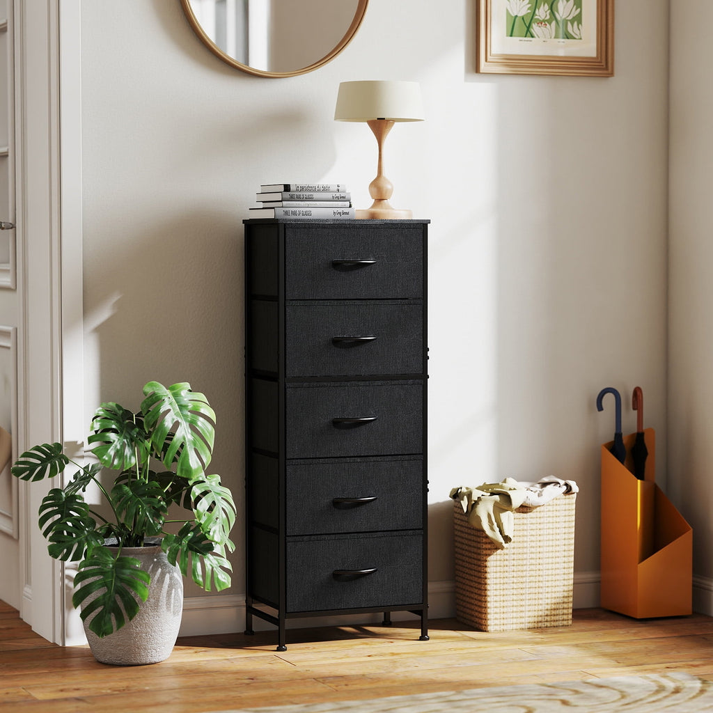 JIOABL 5-Drawer Fabric Dresser with Metal Frame and Wooden Top TV Stand - Perfect for Clothes, Living Room, Hallway, Entryway
