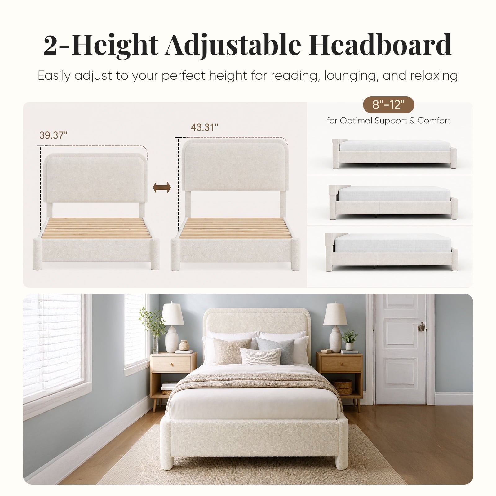 JIOABL Upholstered Platform Bed Frame with Adjustable Headboard, Teddy Fleece Fabric, No Box Spring Needed, White