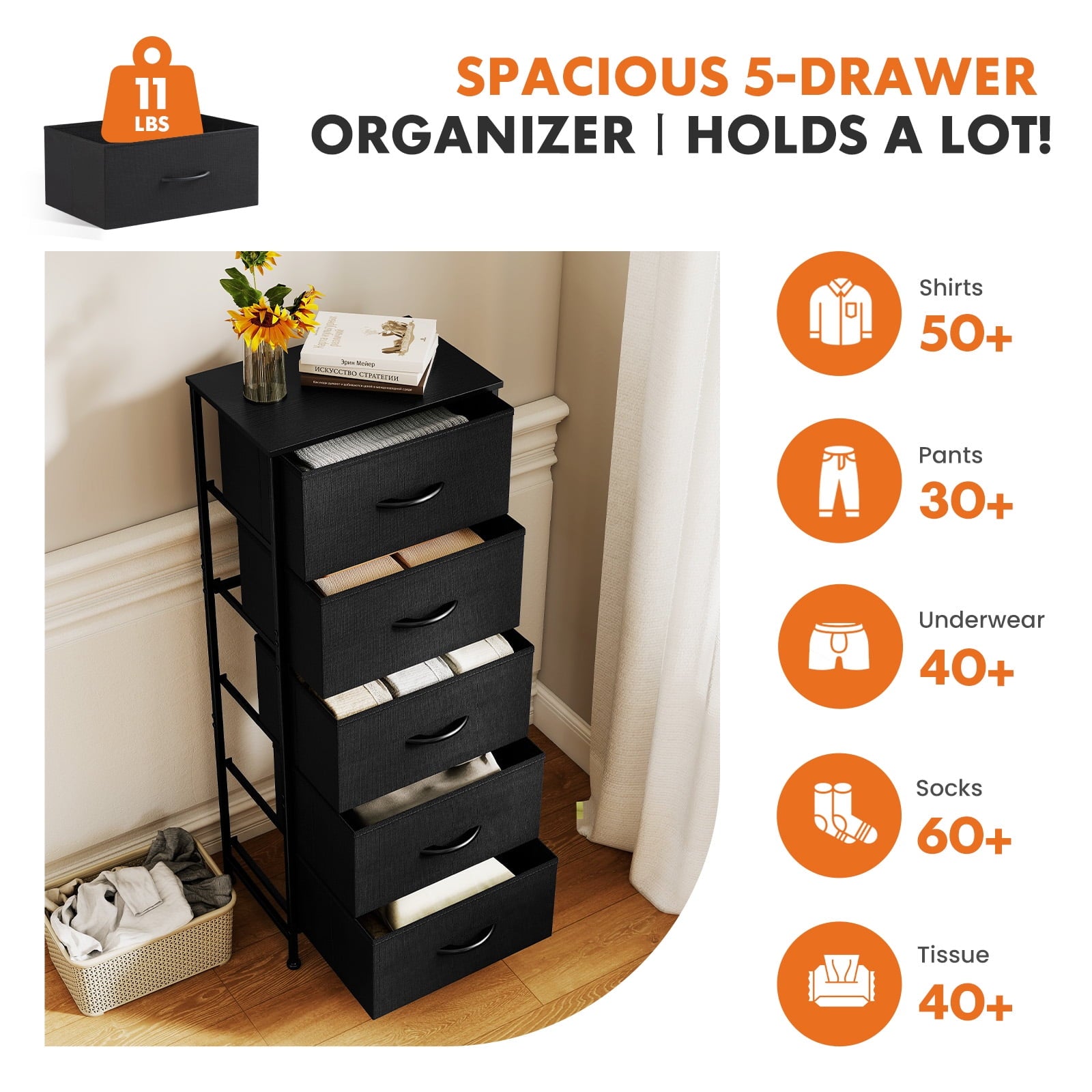 JIOABL 5-Drawer Fabric Dresser with Metal Frame and Wooden Top TV Stand - Perfect for Clothes, Living Room, Hallway, Entryway