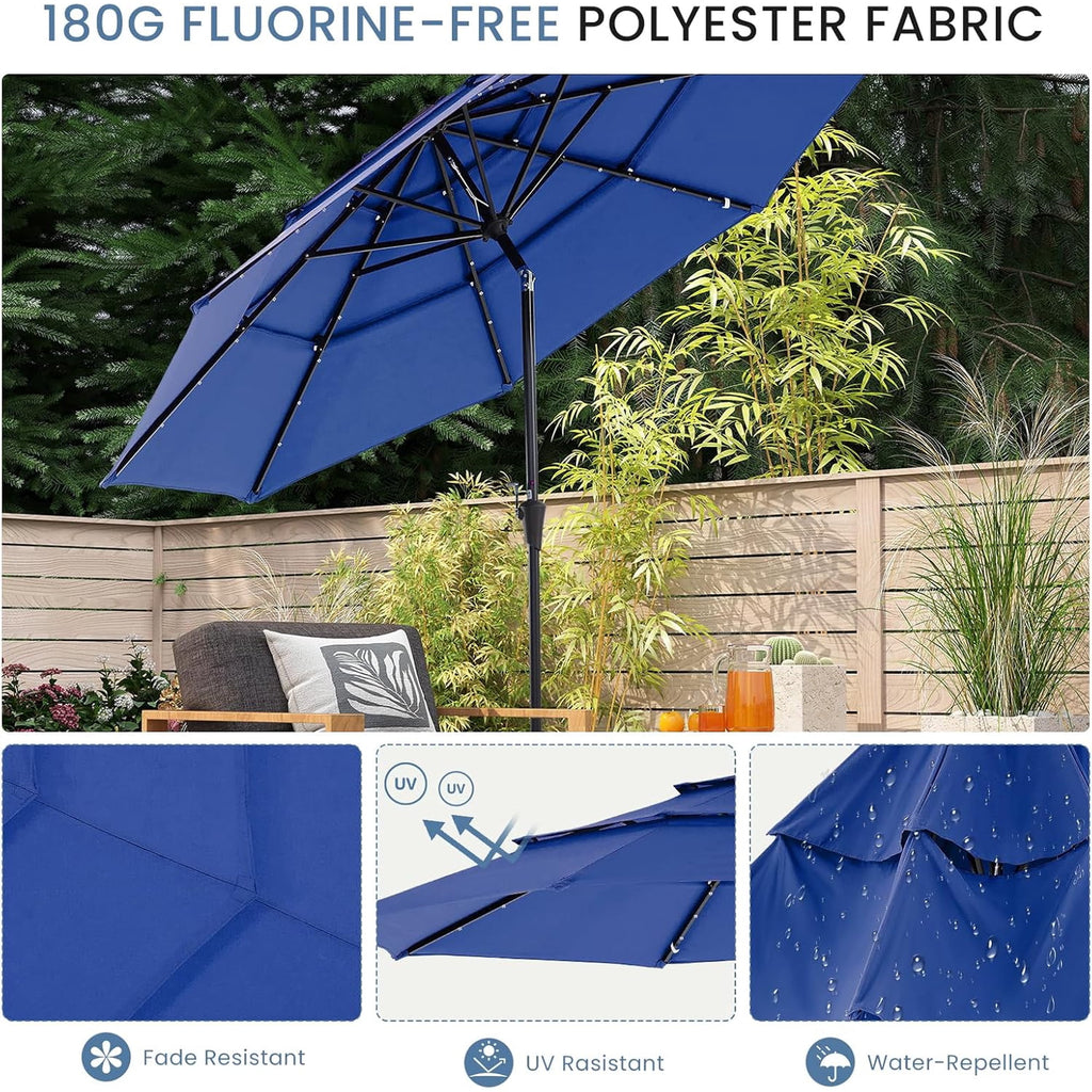 JIOABL 10FT Solar LED Patio Umbrella with Tilt & Vent, 32 LED Lights, 8 Ribs, UV-Resistant & Water-Resistant for Garden, Deck, Patio