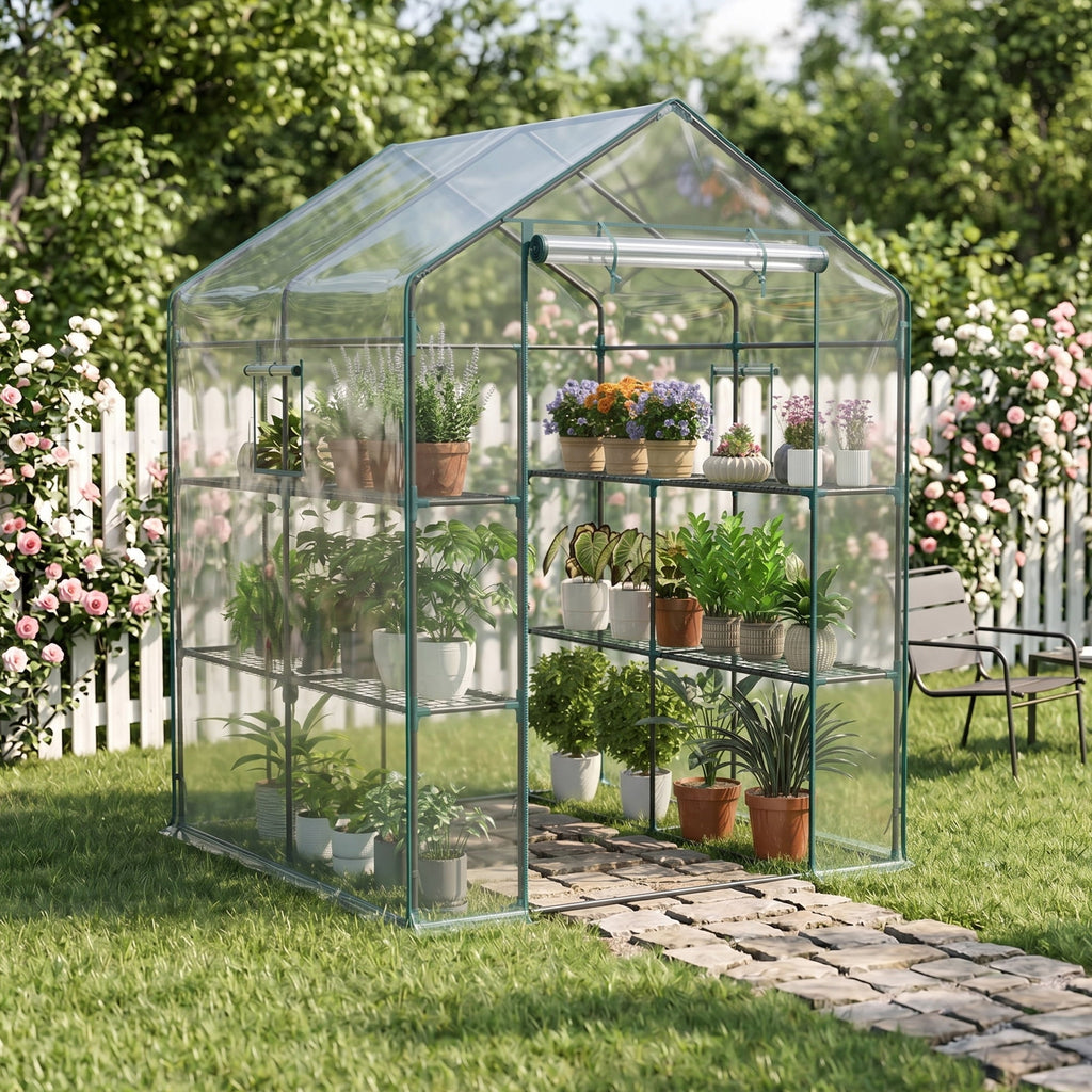 JIOABL 3-Tier Walk-In Greenhouse with PVC Cover, Roll-Up Zipper Door & Side Windows, Steel Frame, Outdoor Plant Greenhouse for Garden, Patio, Glear