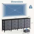 JIOABL TV Stand with 12 Fabric Drawers, Metal Frame Storage Stand with Adjustable feet and Anti-Tip