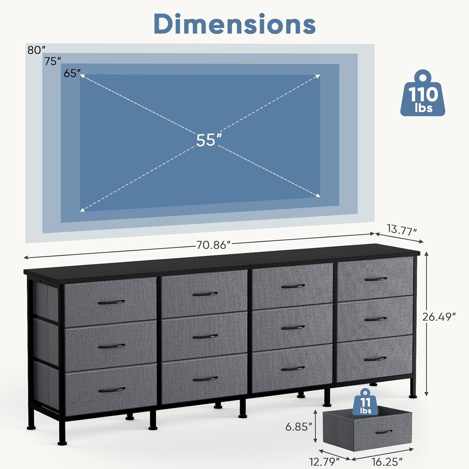 JIOABL TV Stand with 12 Fabric Drawers, Metal Frame Storage Stand with Adjustable feet and Anti-Tip