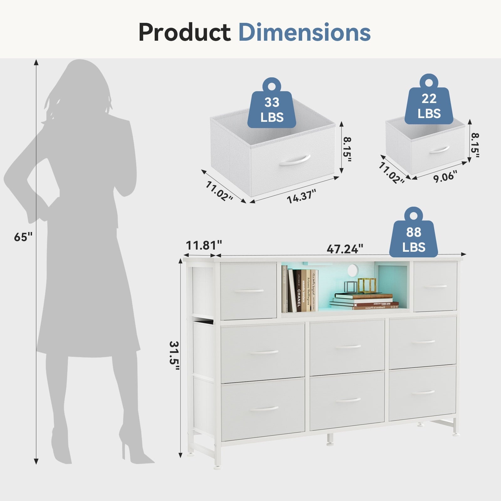 JIOABL TV Stand with  Fabric Drawers & Power Outlet, LED TV Console with USB & Type-C, Storage Dresser for Living Room