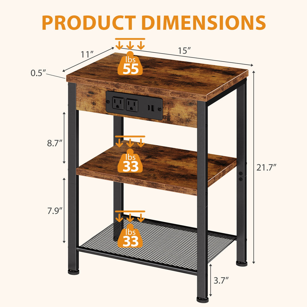 JIOABL 3-Tier Side Table with USB & AC Charging Station, Adjustable Shelves, Multi-Use for Living Room & Bedroom