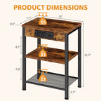 JIOABL 3-Tier Side Table with USB & AC Charging Station, Adjustable Shelves, Multi-Use for Living Room & Bedroom