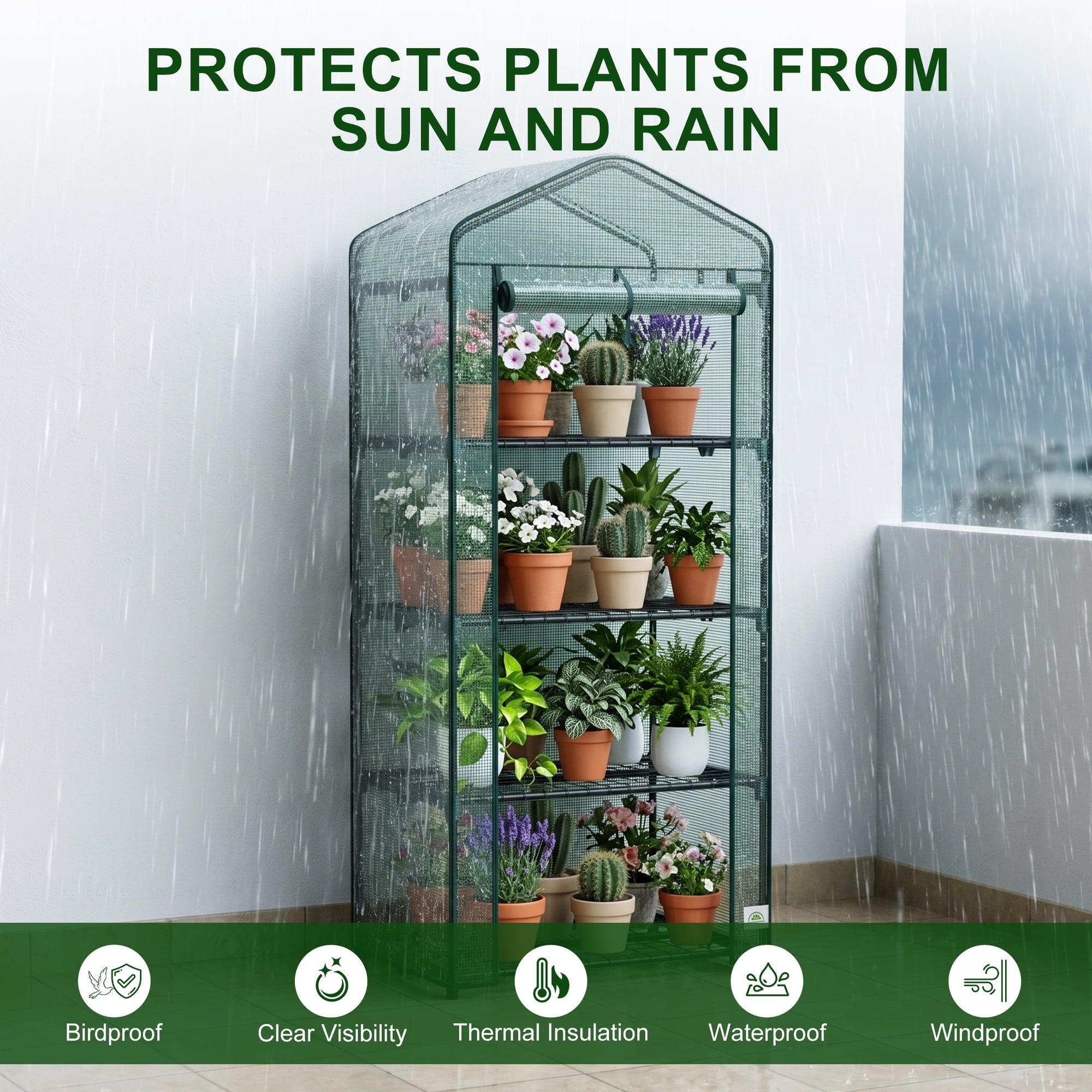 JIOABL 4-Tier Mini Greenhouse with PE Cover, Portable Plant Grow House with Zipper Door & Steel Frame for Indoor Outdoor Garden, Green