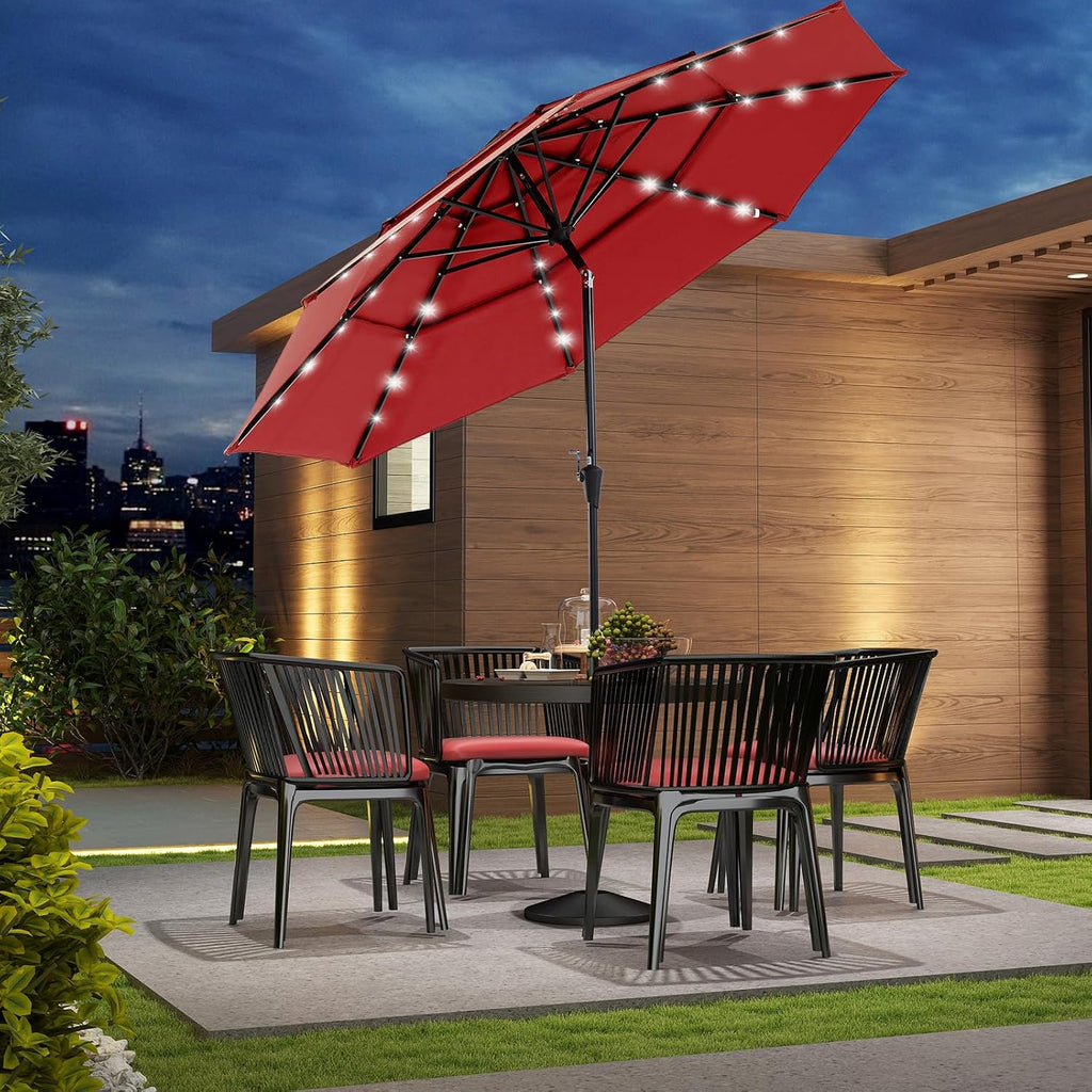JIOABL 10FT Solar LED Patio Umbrella with Tilt & Vent, 32 LED Lights, 8 Ribs, UV-Resistant & Water-Resistant for Garden, Deck, Patio