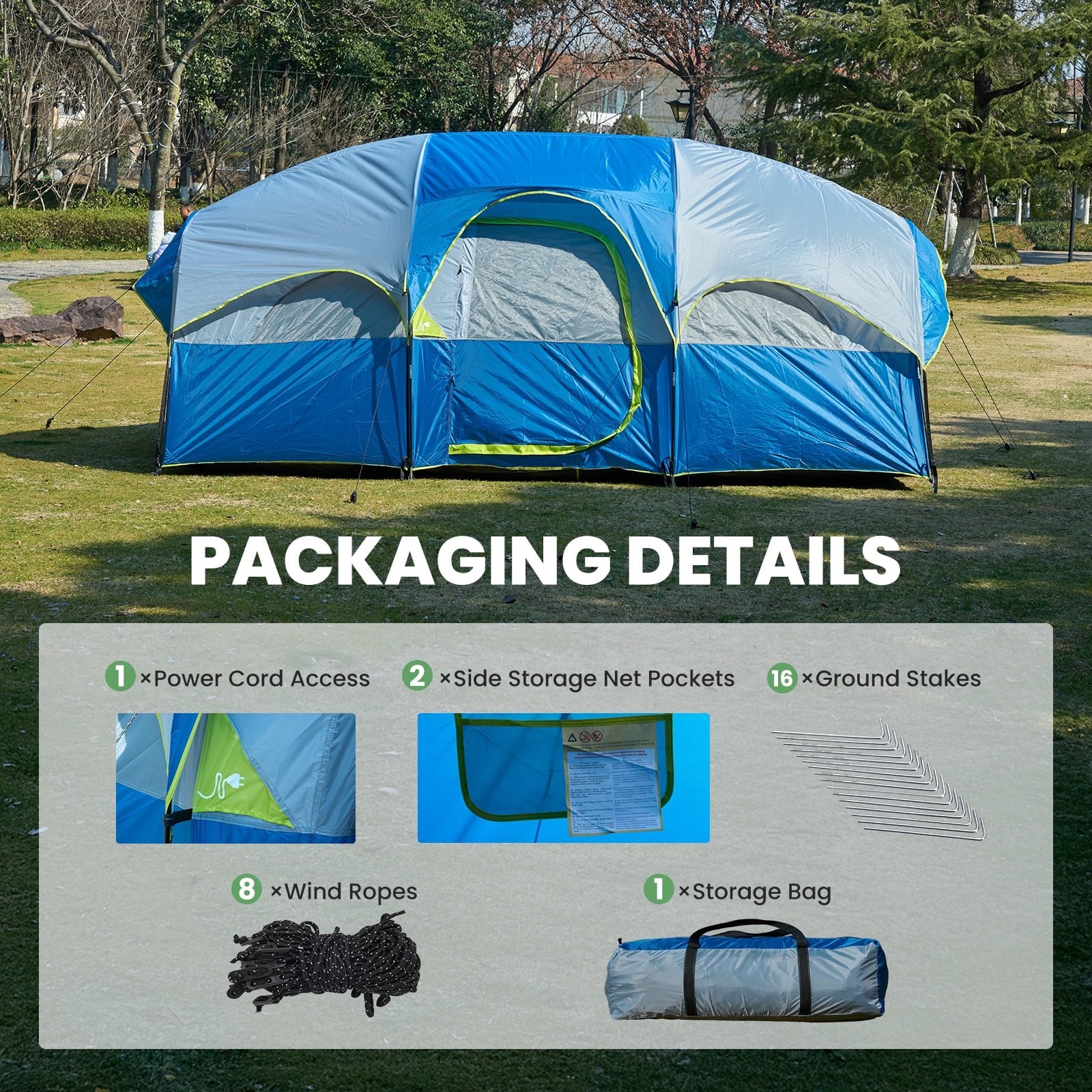 JIOABL 8 Person Camping Tent with Room Divider, Waterproof Polyester, Easy Setup, Portable with Carry Bag, Stakes & Ropes for Outdoor Camping