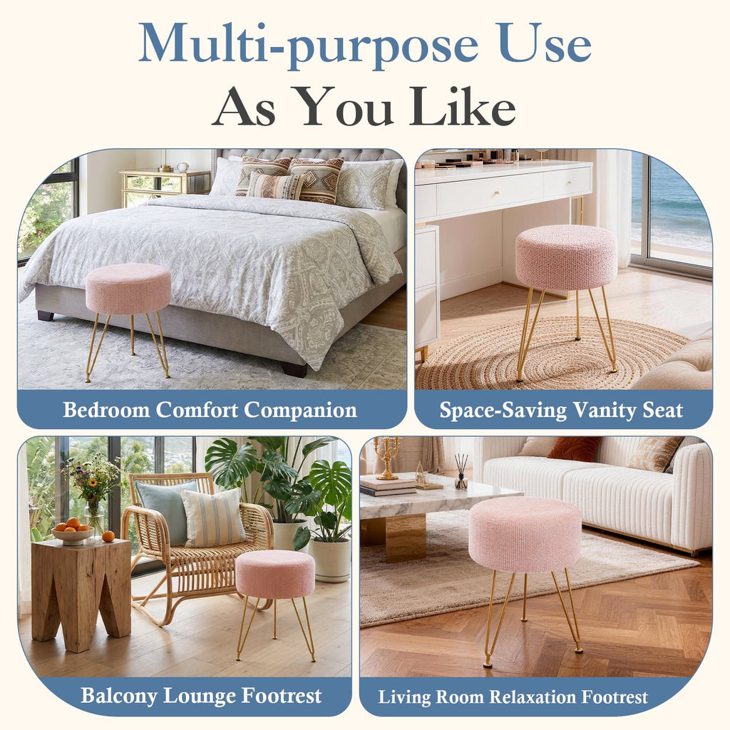 JIOABL Ottoman Foot Stool & Vanity Stool, 350lbs Capacity, Thick Cushion, Gold Metal Legs, for Bedroom & Living Room