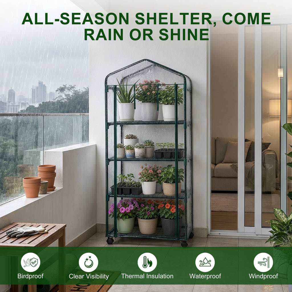 JIOABL 4-Tier Mini Greenhouse with Clear PVC Cover & Wheels, Portable Plant Grow House with Zipper Door, Steel Frame for Indoor & Outdoor Garden, Clear