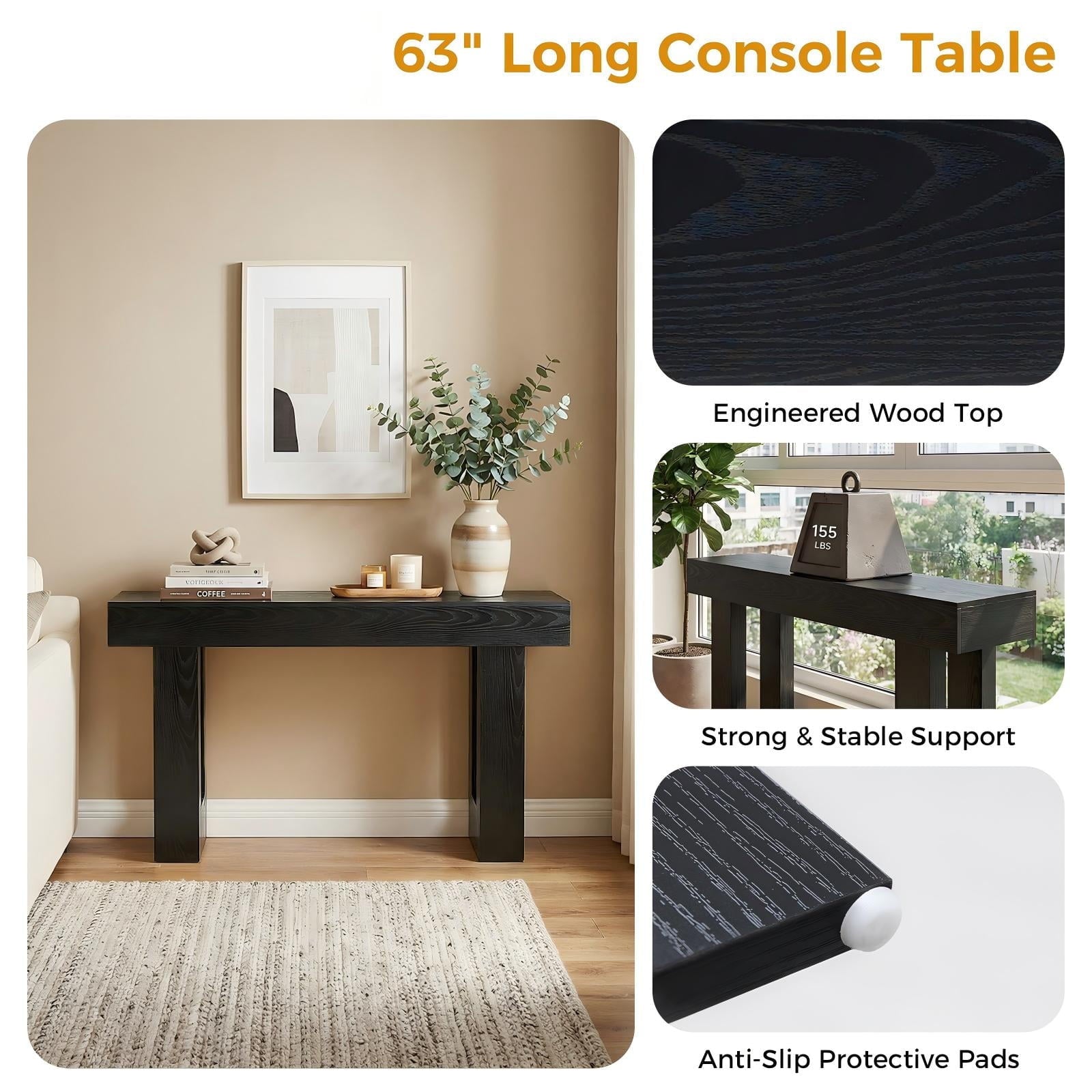 JIOABL 63" Farmhouse Console Table, Narrow Sofa Table Behind Couch, Wooden Entryway Accent Table, for Foyer, Hallway & Living Room