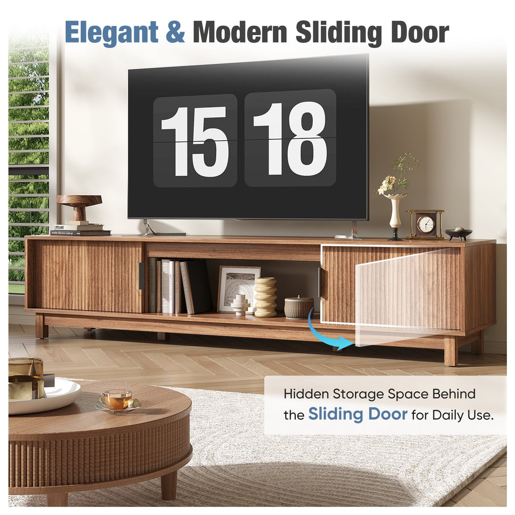 JIOABL Rattan TV Stand, Wood Entertainment Center with Storage Cabinets & Cable Management Hole