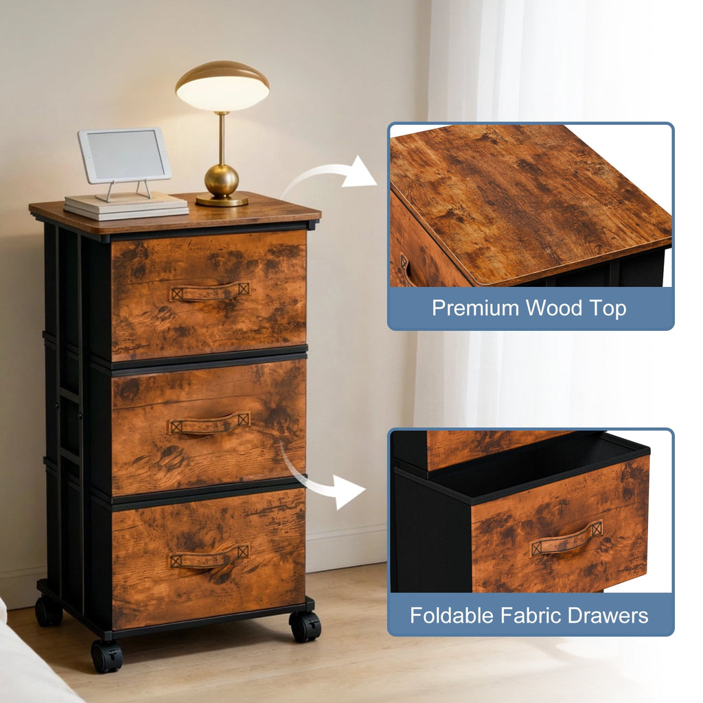 JIOABL Dresser Storage with 3 Drawers, Fabric Tower, Vertical Storage Unit with Wheels & Adjustable Handles for Bedroom, Closet, Office