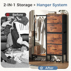 JIOABL 4 Drawer Dresser with Hanging Rack, Steel Frame, Fabric Drawers, Tall Storage Organizer for Bedroom
