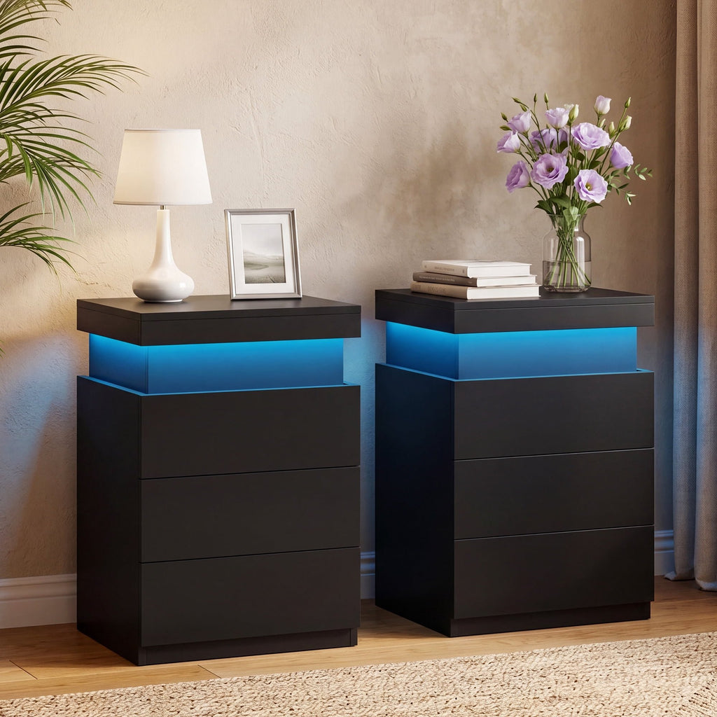 JIOABL Nightstand with Charging Station and RGB LED Light, 3 Drawers, Sliding Top, Bedside Table for Bedroom, Living Room and Dorm