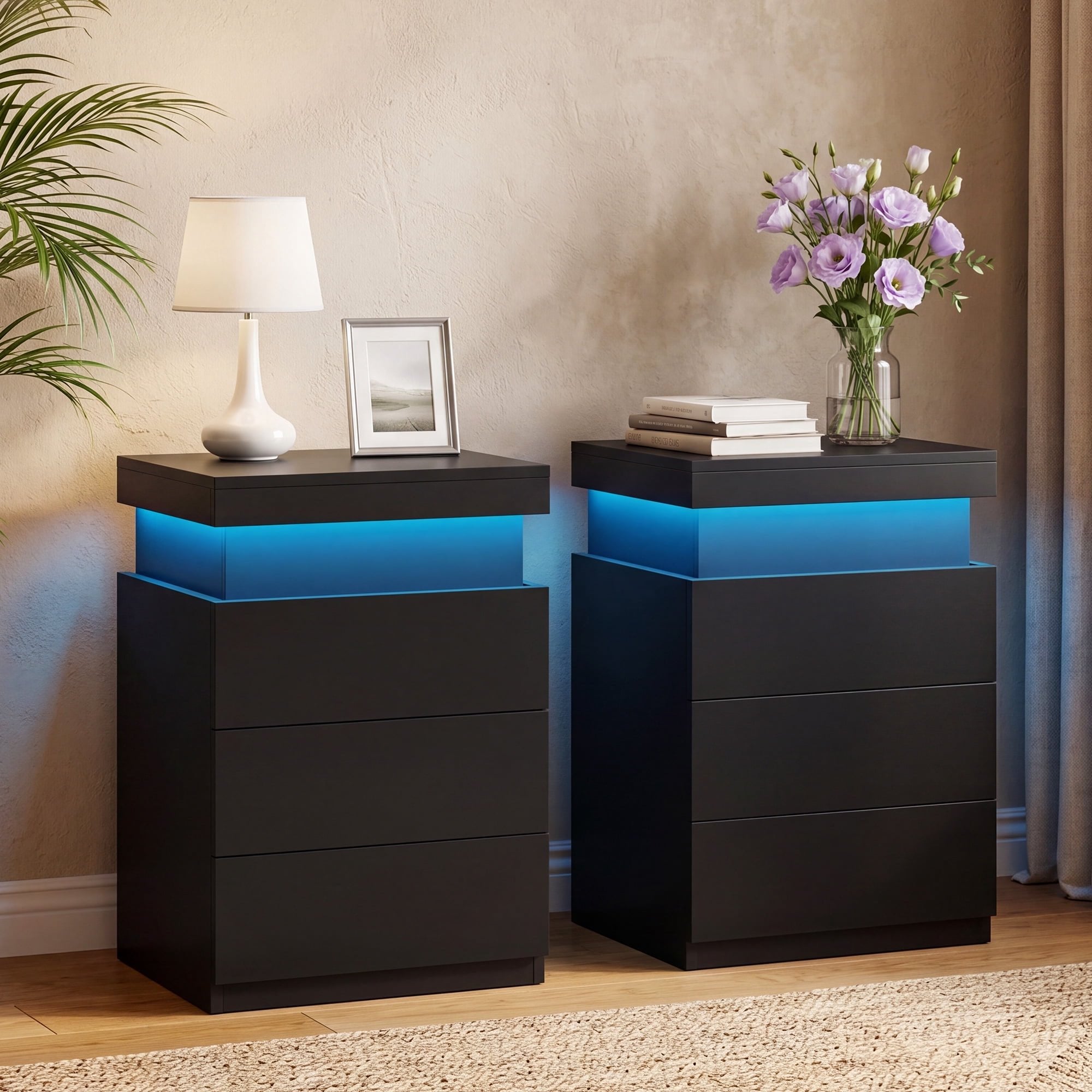 JIOABL Nightstand with Charging Station and RGB LED Light, 3 Drawers, Sliding Top, Bedside Table for Bedroom, Living Room and Dorm