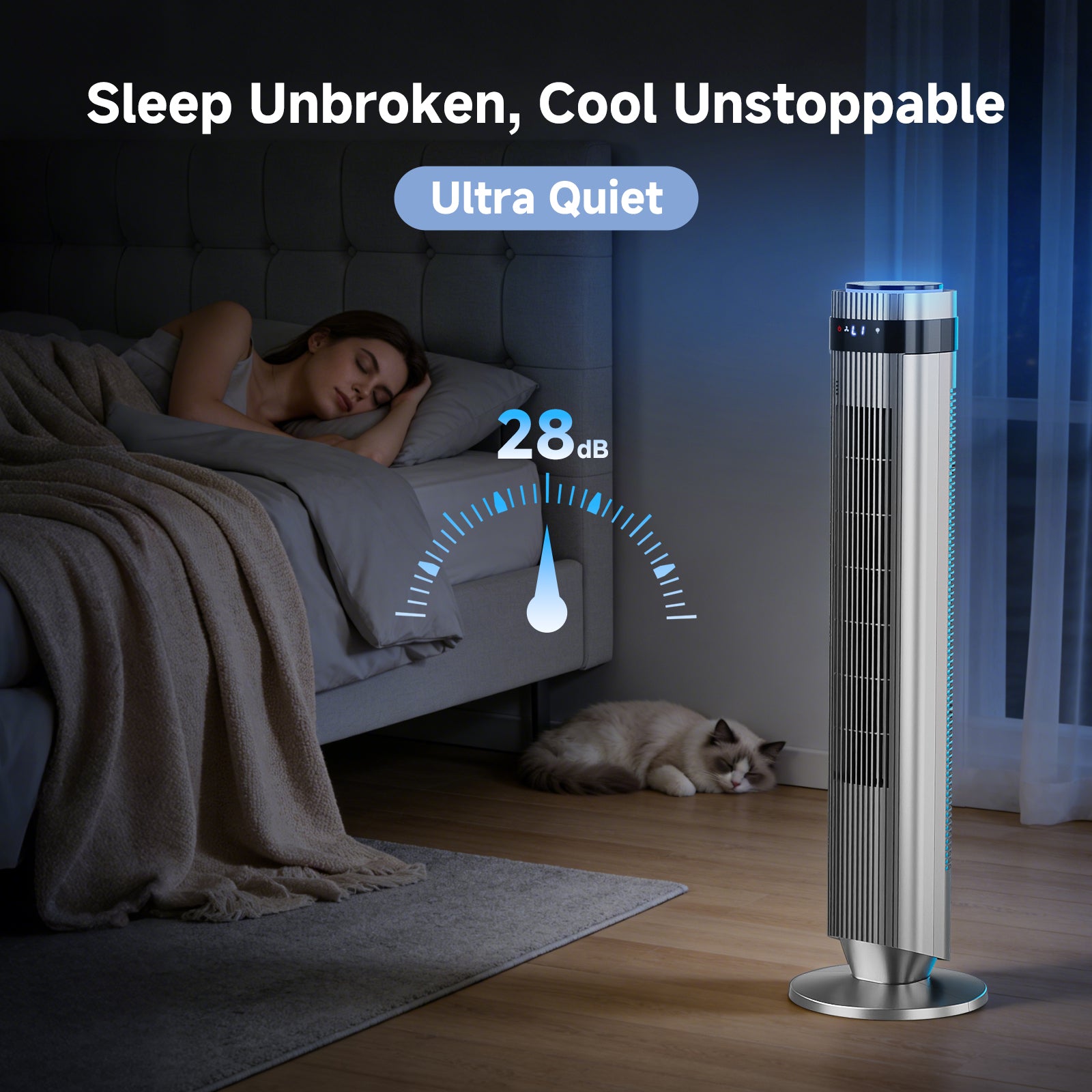 JIOABL Bladeless Tower Fan: 5 Speed Settings, 4 Modes, 25Ft/s Breeze, & Customizable Timer for Peaceful Sleep & Optimal Airflow