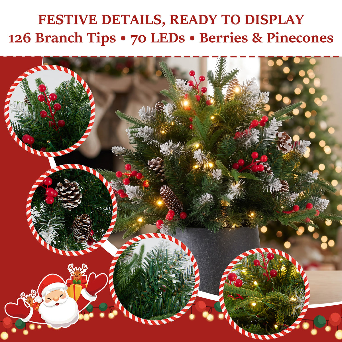 JIOABL Lighted Christmas Urn Filler, 24 in Artificial Pine Branches with 50 Warm White LEDs, 8 Modes and Timer, Indoor Outdoor Decor