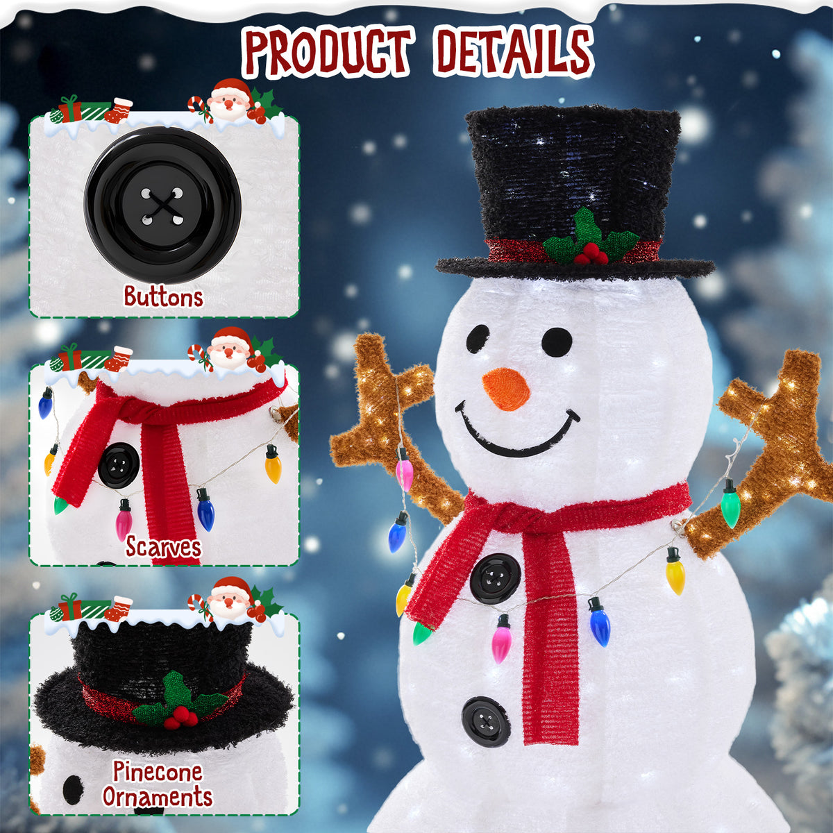 JIOABL 5ft Lighted Snowman, Large Outdoor Christmas Decoration with 200 LED Lights, Multicolored Scarf and Hat