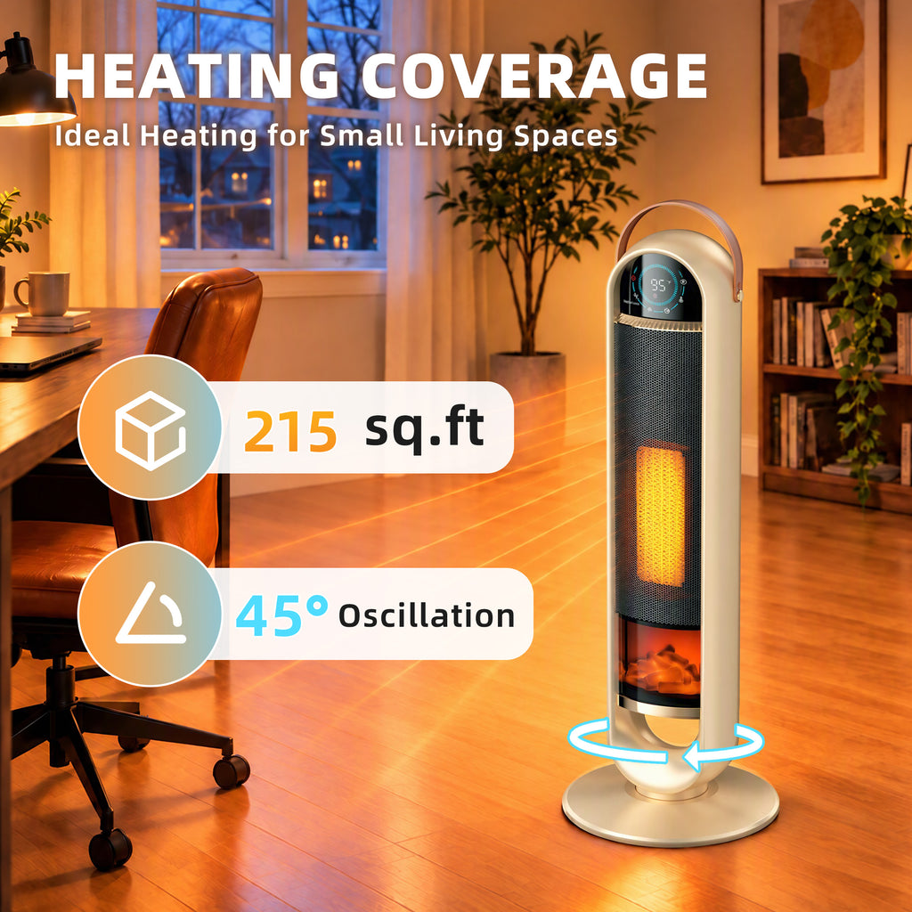 JIOABL Tall Tower Flame Heater with Light | 1500W, 4 Functions, 3s Quick Heat, 2 Heat Settings, Low Noise, Oscillation & Timer
