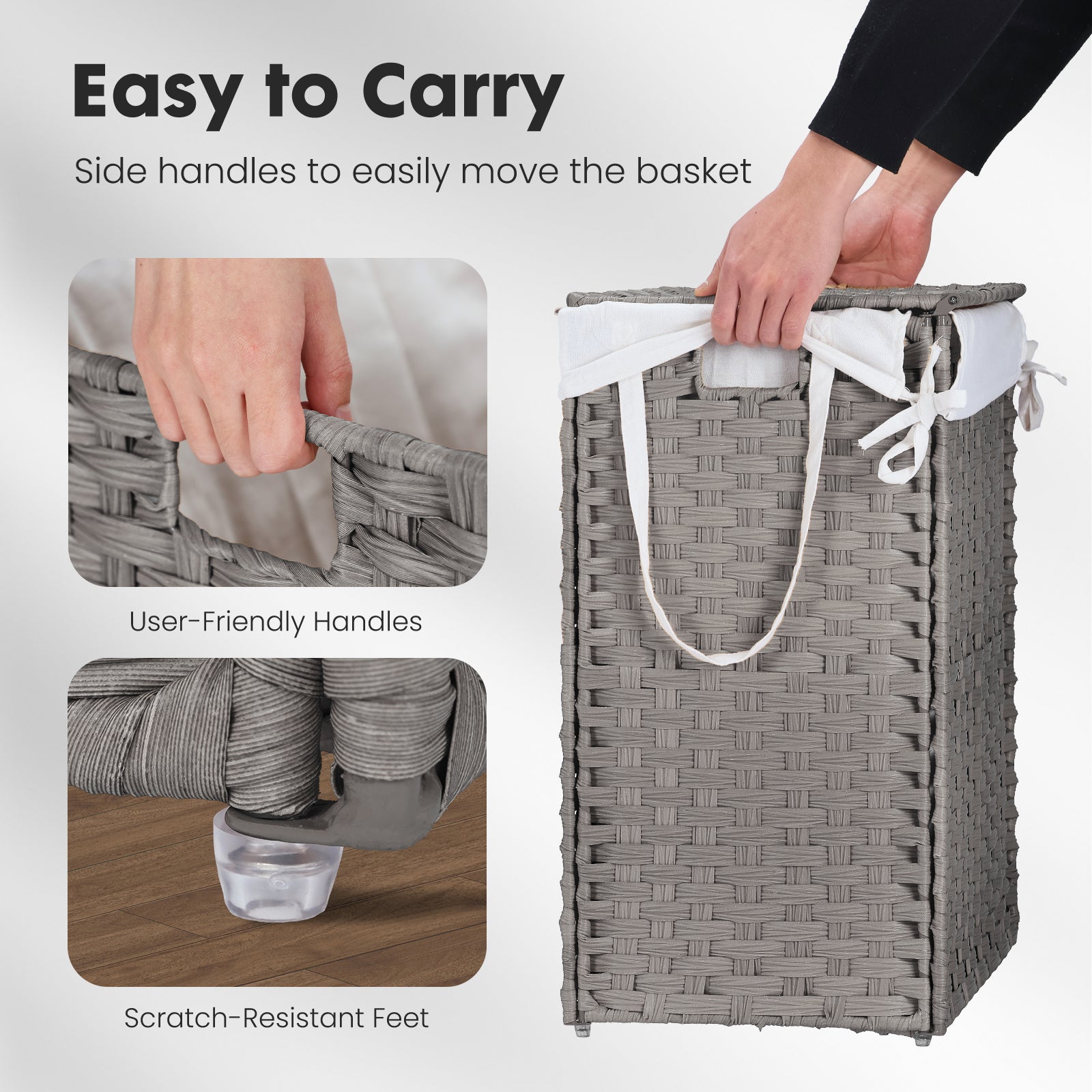 JIOABL Laundry Hamper with Lid, Clothes Hamper with Removable Liner Bags, Synthetic Rattan Laundry Basket for Clothes Toys in Bathroom Bedroom