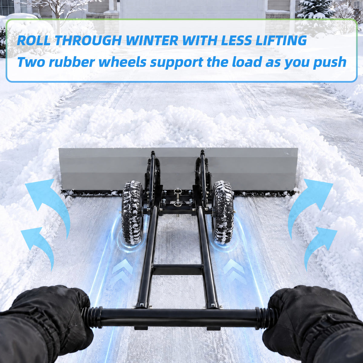 JIOABL 36 inch Snow Pusher with Wheels, Galvanized Steel Snow Plow, Adjustable Blade Angle & Handle for Driveway, Sidewalk & Walkway