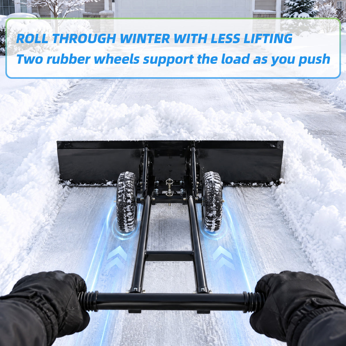 JIOABL 36 inch Snow Pusher with Wheels, Galvanized Steel Snow Plow, Adjustable Blade Angle & Handle for Driveway, Sidewalk & Walkway