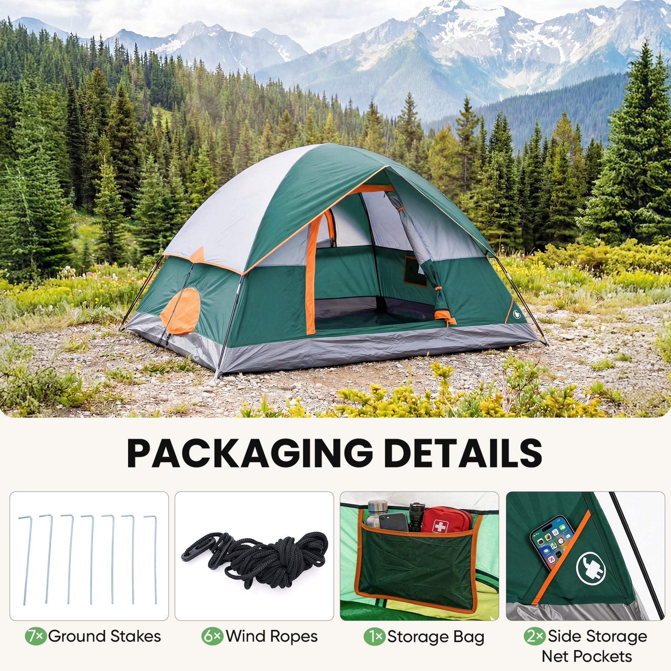 JIOABL Dome Camping Tent, Waterproof Polyester with Rainfly, Easy Setup, Ventilated Windows & Skylights, Portable Backpacking Tent