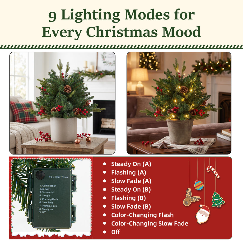 JIOABL Lighted Christmas Urn Filler, 24 in Artificial Pine Branches with 50 Warm White LEDs, 8 Modes and Timer, Indoor Outdoor Decor