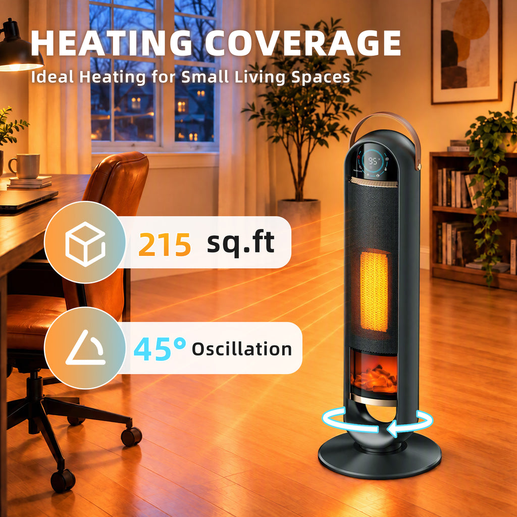 JIOABL Tall Tower Flame Heater with Light | 1500W, 4 Functions, 3s Quick Heat, 2 Heat Settings, Low Noise, Oscillation & Timer
