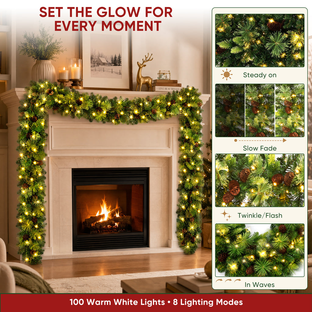 JIOABL 9 ft Pre-Lit Christmas Garland with Warm LED Lights, Artificial Pine Garland for Mantel, Staircase, Doorway and Holiday Decor