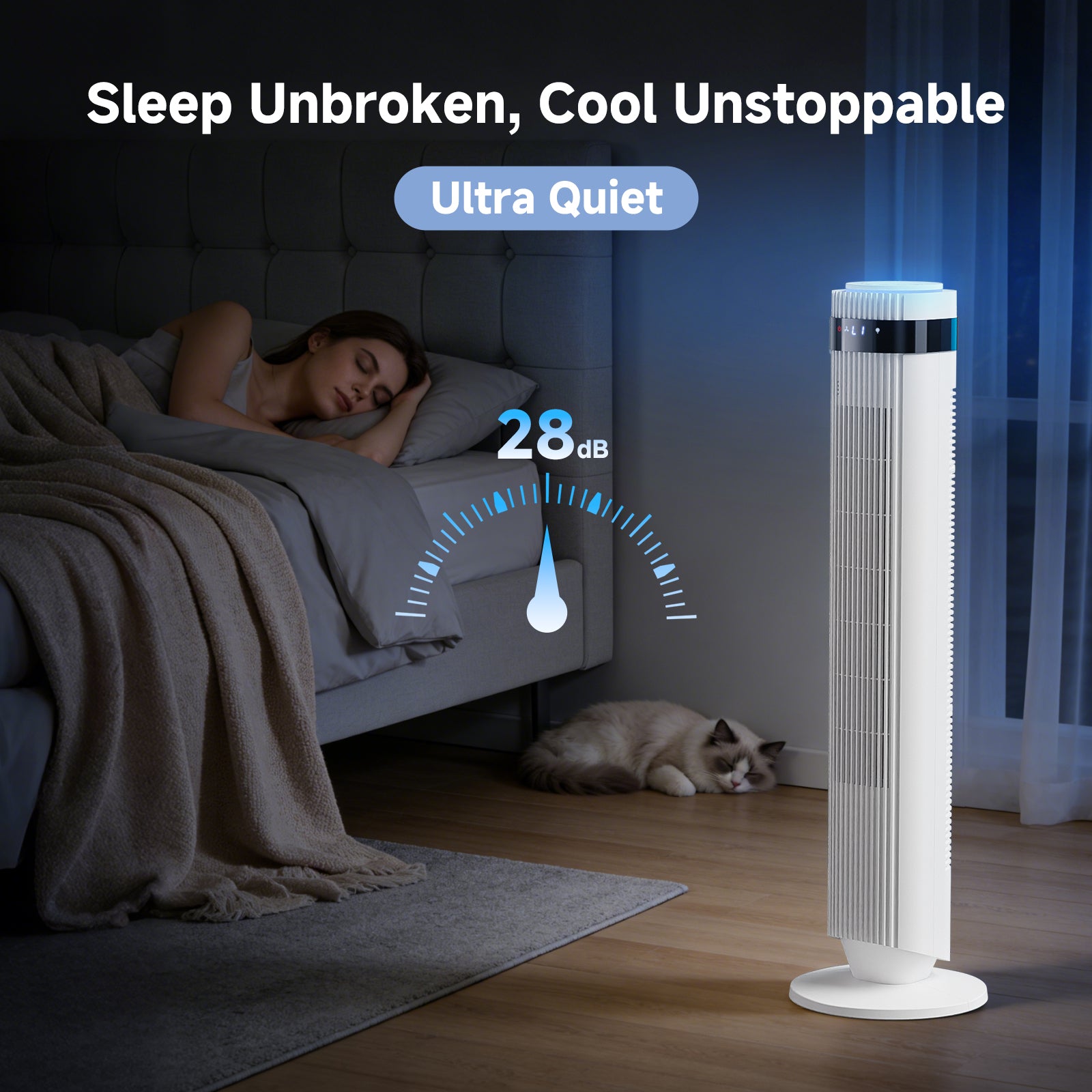JIOABL Bladeless Tower Fan: 5 Speed Settings, 4 Modes, 25Ft/s Breeze, & Customizable Timer for Peaceful Sleep & Optimal Airflow