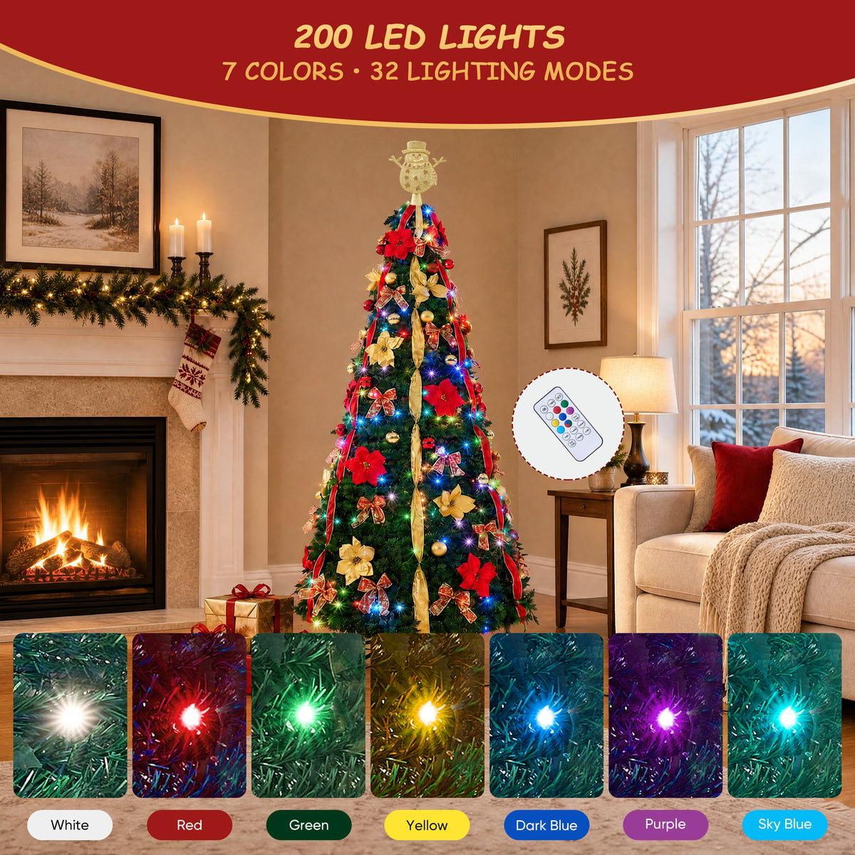 JIOABL 7FT Pop Up Christmas Tree, Pre-Lit with 200 LED Lights, Santa Projects Snowman, Fully Decorated, 7 Colors, 32 Light Modes with Remote, Stores Flat for Indoor Holiday Decor