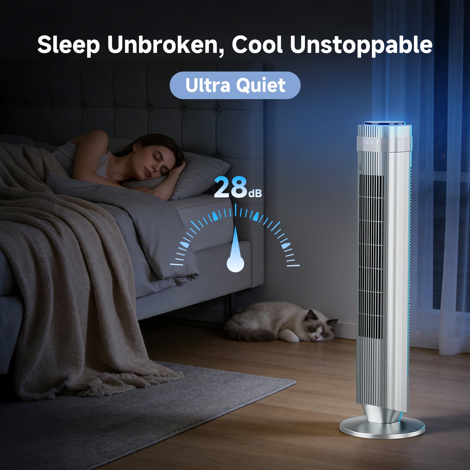JIOABL Bladeless Tower Fan: 5 Speed Settings, 4 Modes, 25Ft/s Breeze, & Customizable Timer for Peaceful Sleep & Optimal Airflow