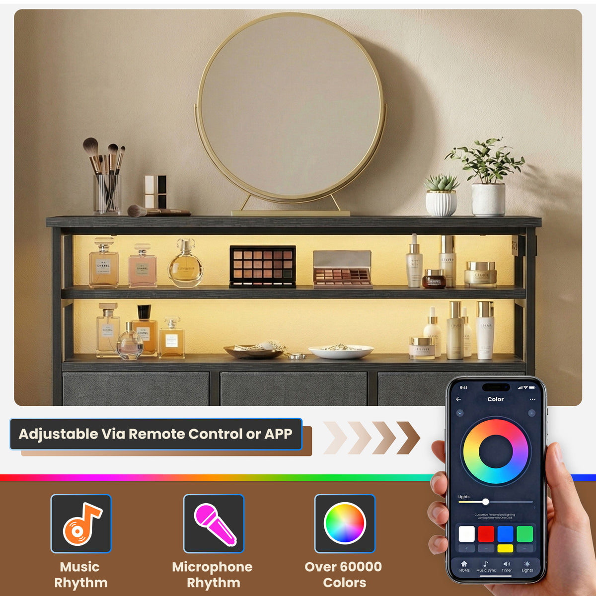JIOABL TV Stand with 6 Fabric Drawers & Power Outlet, LED TV Console with USB & Type-C, Storage Dresser for Living Room