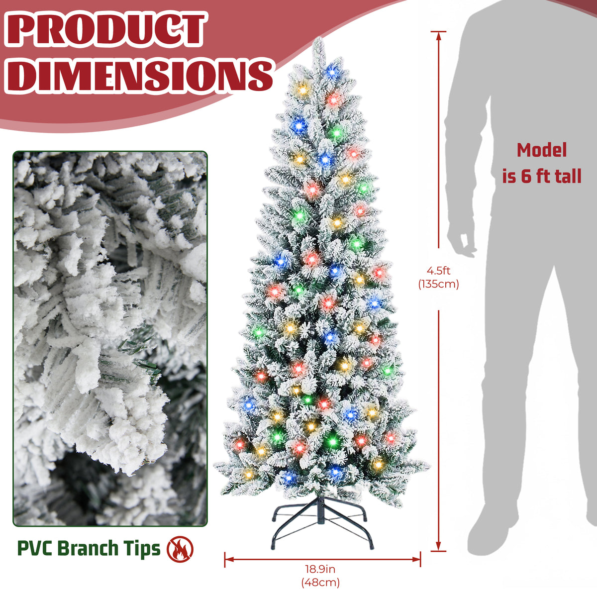 JIOABL Pre-Lit Fraser Fir Pencil Artificial Christmas Tree, Premium Multicolor LED Lights