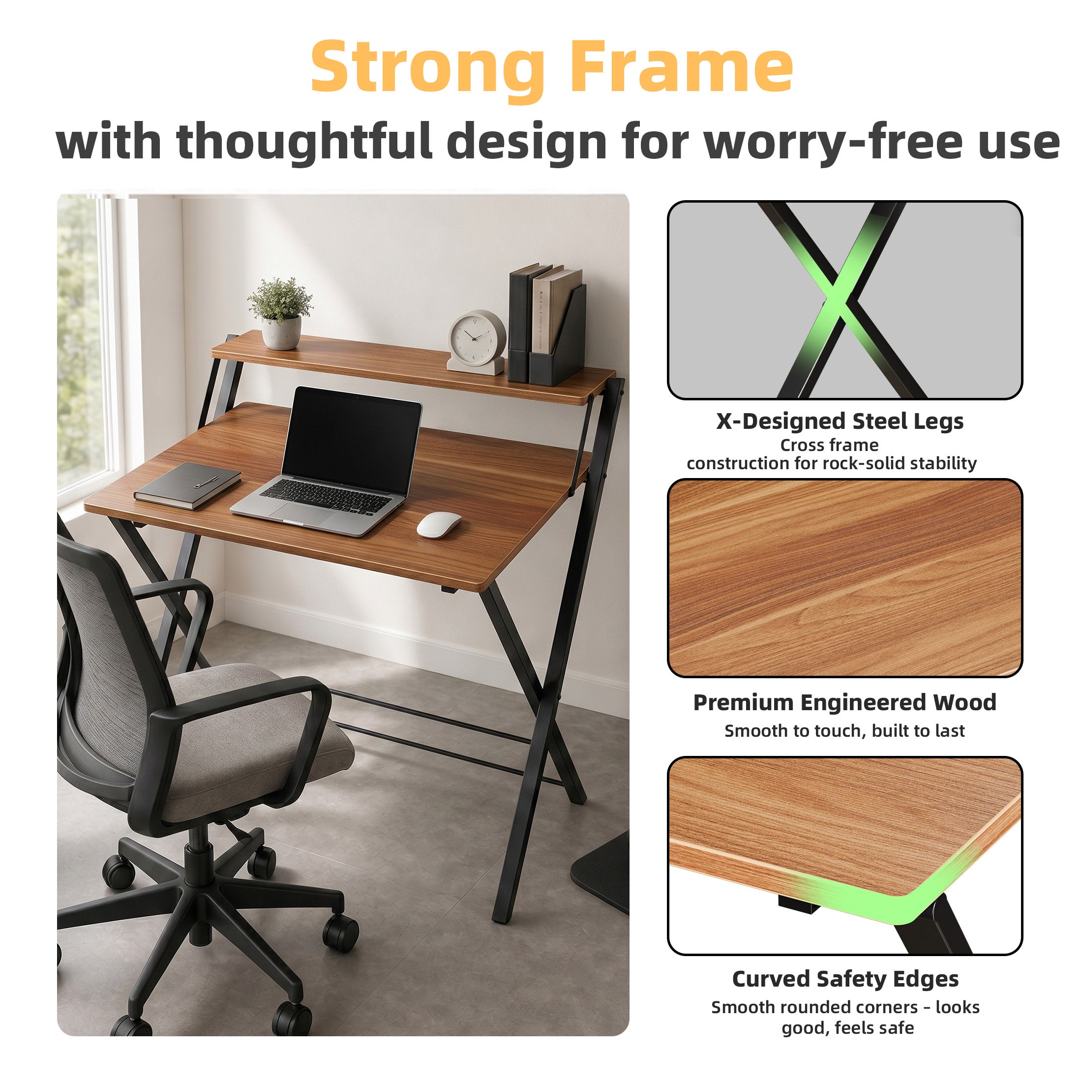 JIOABL No Assembly Folding Desk with Shelf – 2-Tier Compact Space-Saving Laptop Computer Table, Portable Study Workstation for Small Apartment, Dorm, Bedroom & Home Office