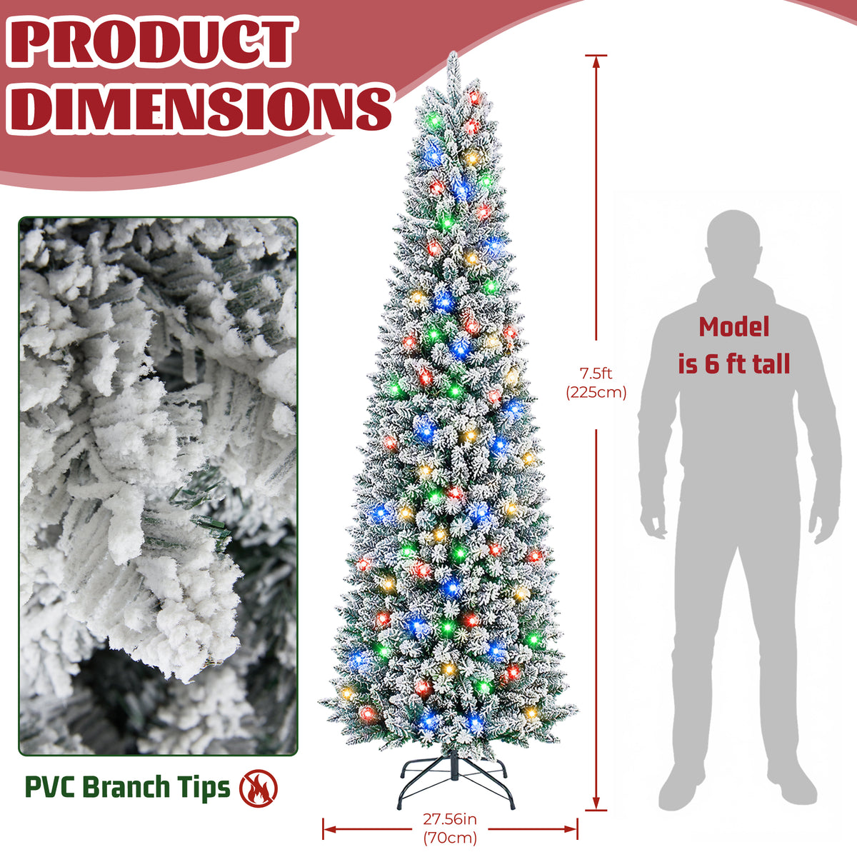 JIOABL Pre-Lit Fraser Fir Pencil Artificial Christmas Tree, Premium Multicolor LED Lights