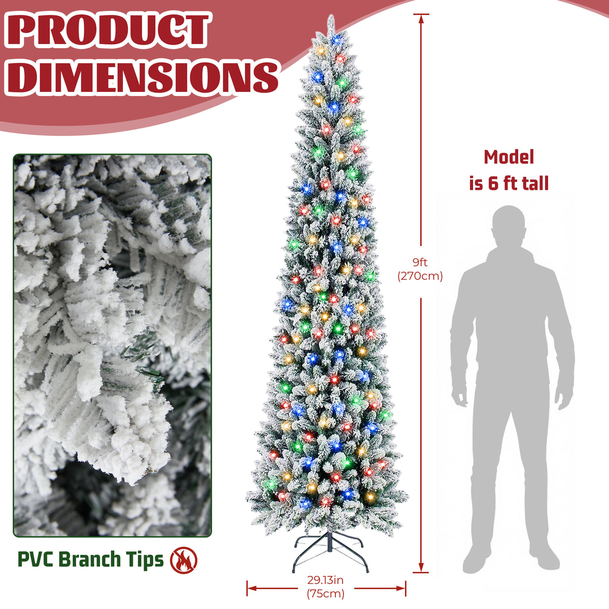 JIOABL Pre-Lit Fraser Fir Pencil Artificial Christmas Tree, Premium Multicolor LED Lights