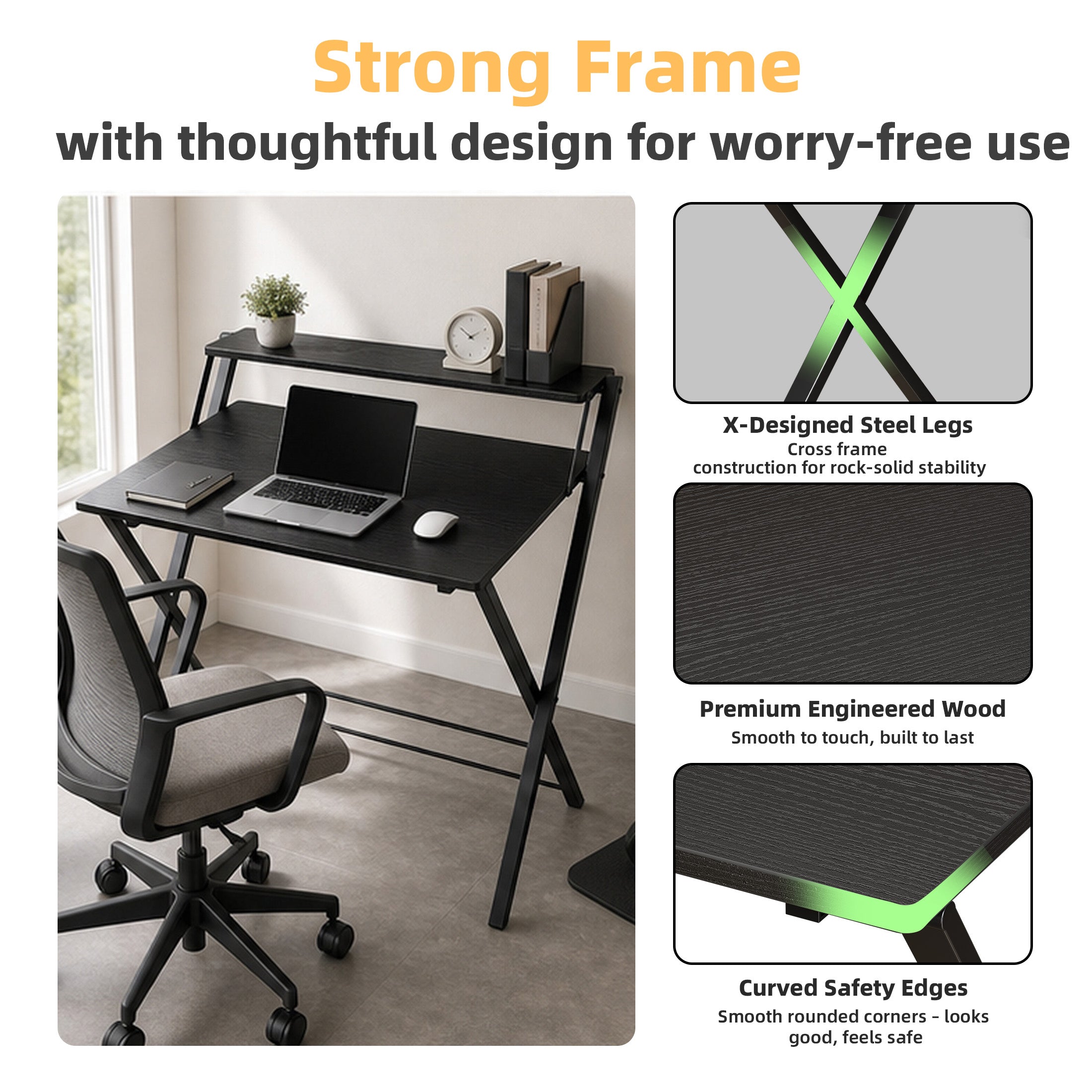 JIOABL No Assembly Folding Desk with Shelf – 2-Tier Compact Space-Saving Laptop Computer Table, Portable Study Workstation for Small Apartment, Dorm, Bedroom & Home Office