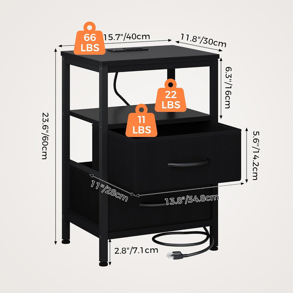 JIOABL Nightstand with USB & Type-C Charging, Fabric Drawers, Metal Frame