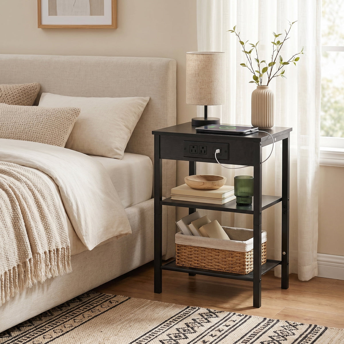 JIOABL 3-Tier Side Table with USB & AC Charging Station, Adjustable Shelves, Multi-Use for Living Room & Bedroom