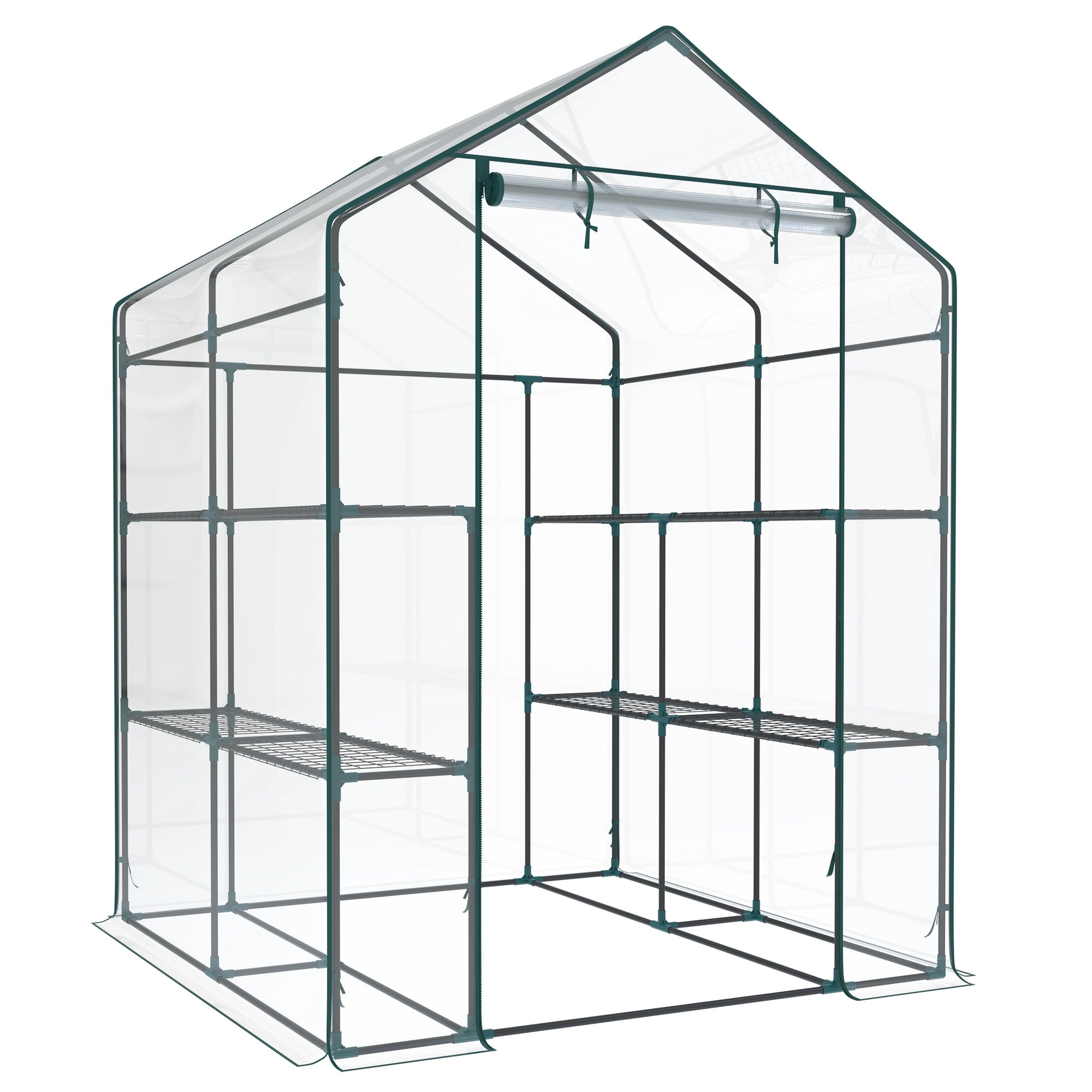 JIOABL 3-Tier Walk-In Greenhouse with PVC Cover, Roll-Up Zipper Door & Side Windows, Steel Frame, Outdoor Plant Greenhouse for Garden, Patio, Glear