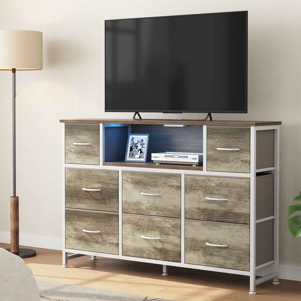 JIOABL TV Stand with 8 Fabric Drawers & Power Outlet, LED TV Console with USB & Type-C, Storage Dresser for Living Room