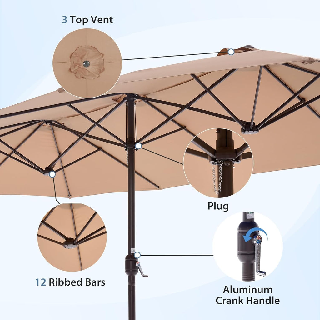 JIOABL 15FT Triple Head Patio Umbrella with Base & Sandbags, Large Outdoor Umbrella with Crank, 12 Ribs, UV-Resistant & Ventilated Canopy