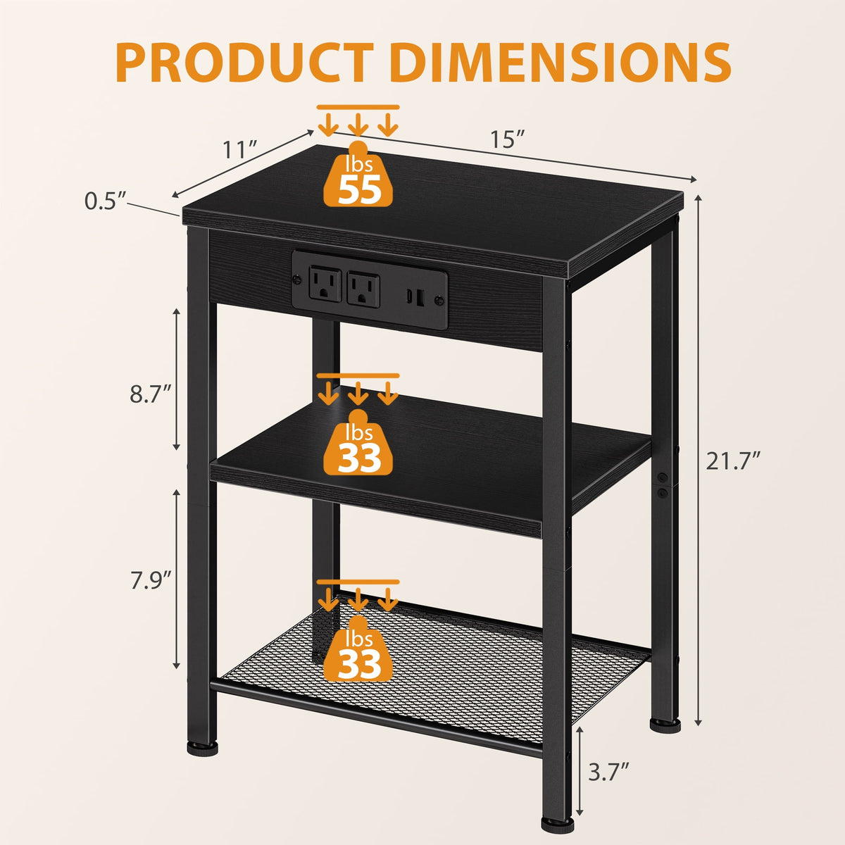 JIOABL 3-Tier Side Table with USB & AC Charging Station, Adjustable Shelves, Multi-Use for Living Room & Bedroom