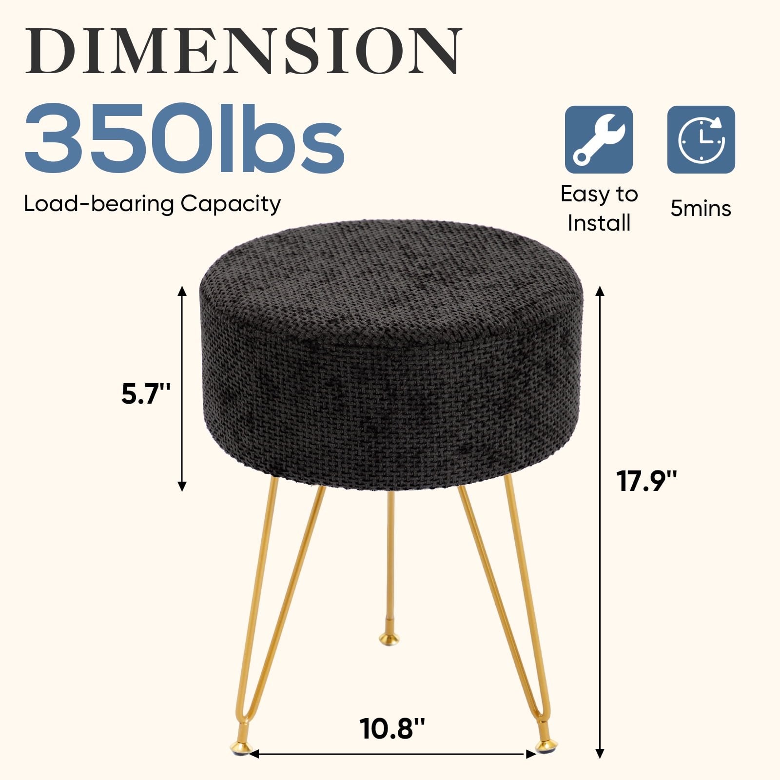 JIOABL Ottoman Foot Stool & Vanity Stool, 350lbs Capacity, Thick Cushion, Gold Metal Legs, for Bedroom & Living Room