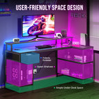 JIOABL L Shaped Computer Gaming Desk with USB Charging Ports & LED Lights, Reversible Corner Table with Power Outlets Monitor Stand for Home Office