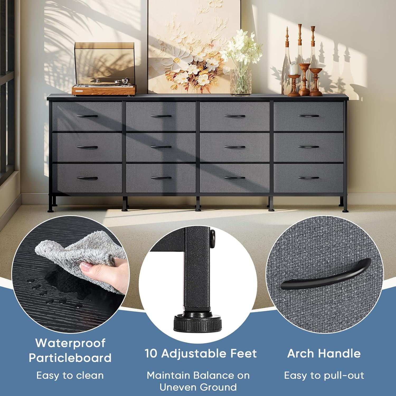 JIOABL TV Stand with 12 Fabric Drawers, Metal Frame Storage Stand with Adjustable feet and Anti-Tip